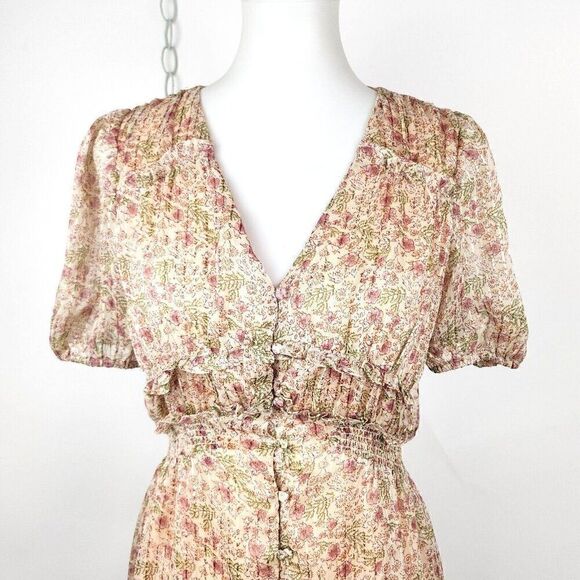 ASTR Label Love Story Floral Button Front V-Neck Short Puff Sleeve Midi Dress S - Picture 4 of 13